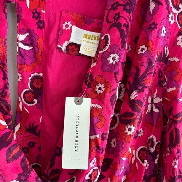 Anthropologie Maeve Wrap Mini Pink Floral V-neck Dress Womens Sz M - Picture 4 of 6